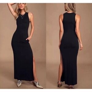 Lulus Black shield and sword Sleeveless Crew Neck Maxi Dress Jersey Knit  Dress